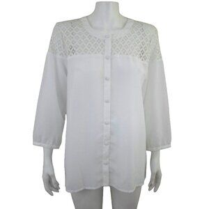 Alfred Dunner White Lace Yoke Blouse Button Up 3/4 Sleeve
